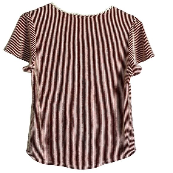 Ava James Brown White Vertical Striped Short Sleeve Top Women's Medium NEW - Picture 5 of 8